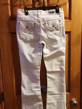 Miss Me White Bootcut Jeans with Rhinestone Pocket Embellishments